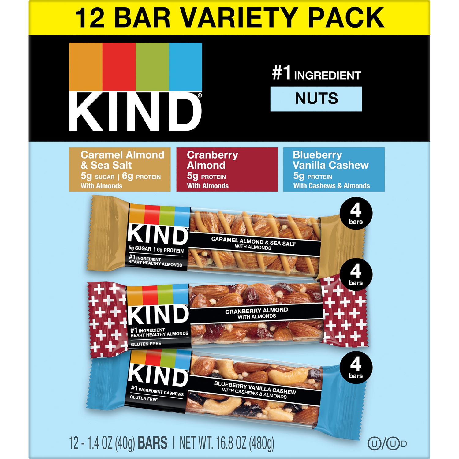 KIND Variety Pack, Blueberry Vanilla Cashew, Caramel Almond & Sea Salt and Cranberry Almond