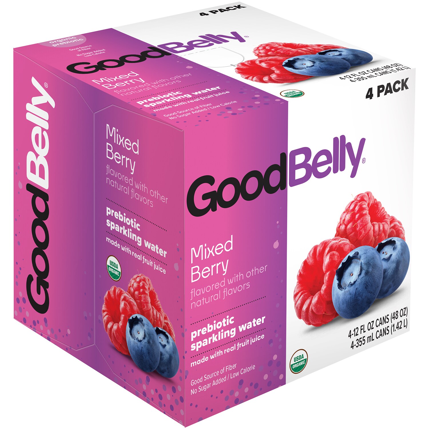 GoodBelly Organic Prebiotic Sparkling Water, Mixed Berry, Cans