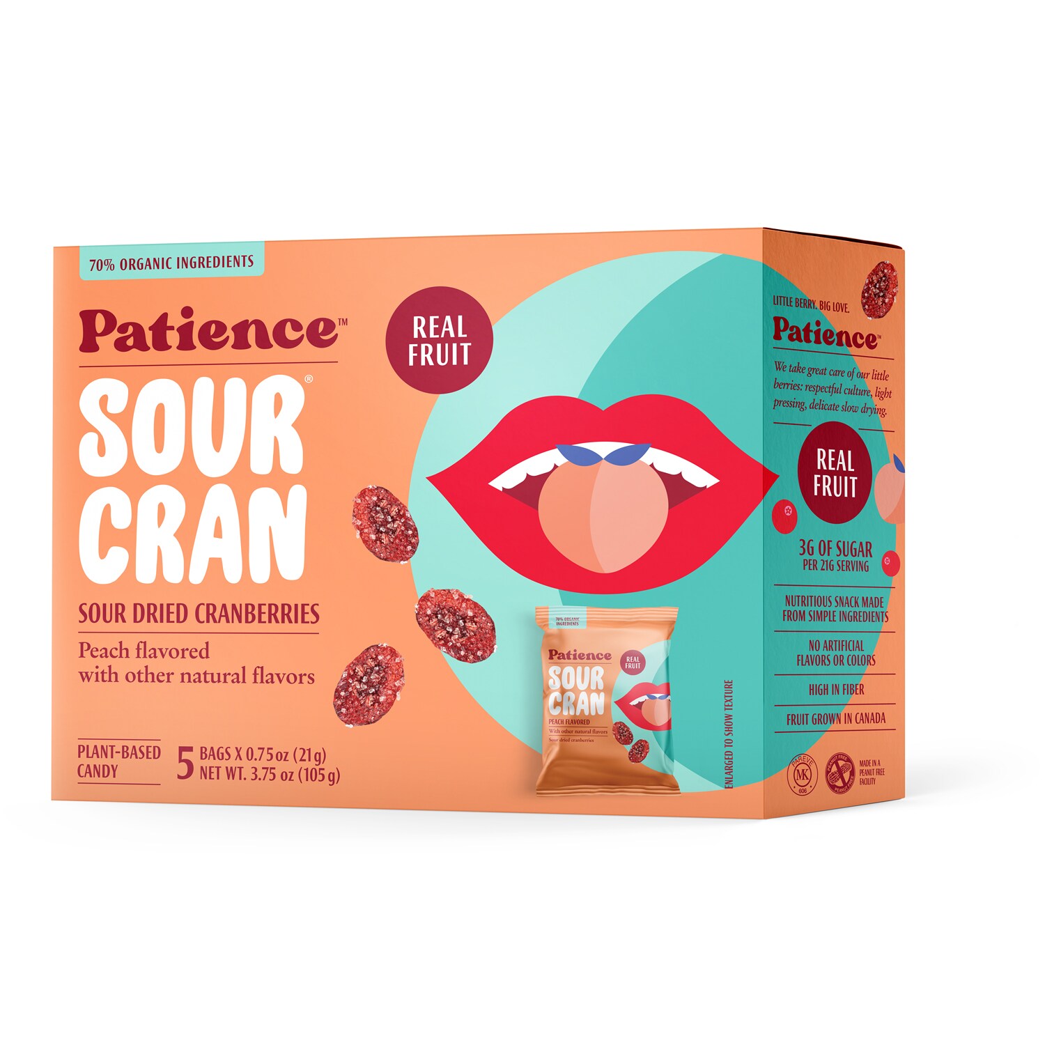 Patience SourCran, Dried Cranberries Peach Flavor, Case