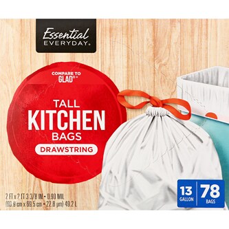 Essential Everyday Drawstring Tall Kitchen Bags, 13 Gallon
