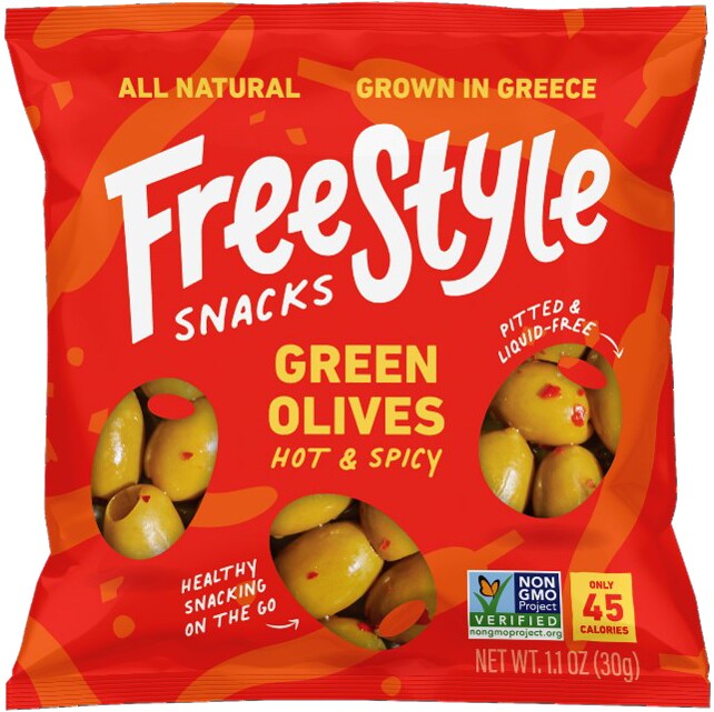 Freestyle Snacks Green Olives, Hot & Spicy