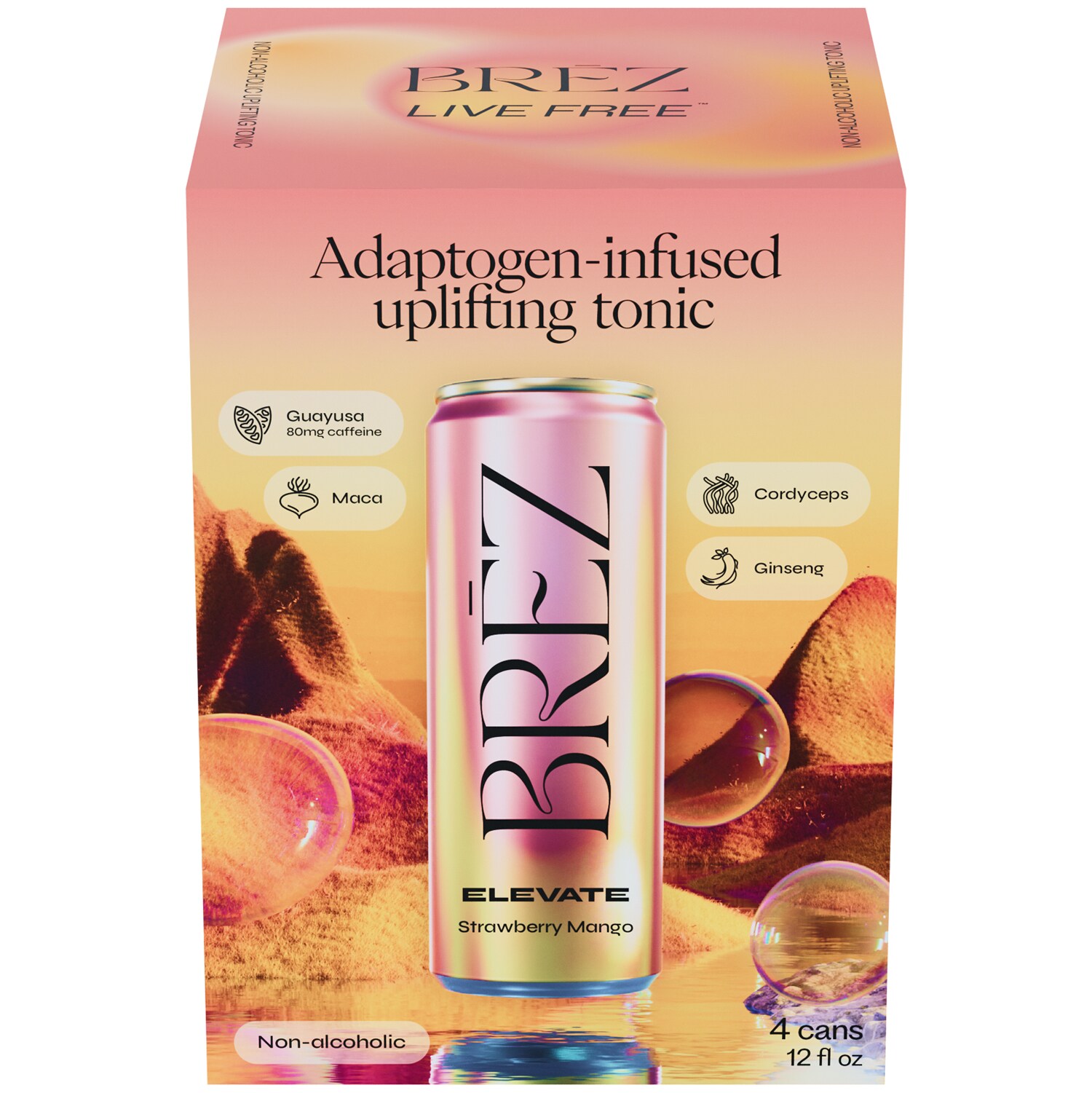 BREZ Elevate Uplifting Tonic, Strawberry Mango, Cans