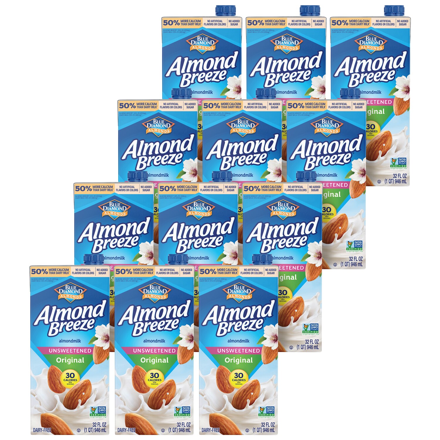 Blue Diamond Almond Breeze Almond Milk, Unsweetened Original, Cartons
