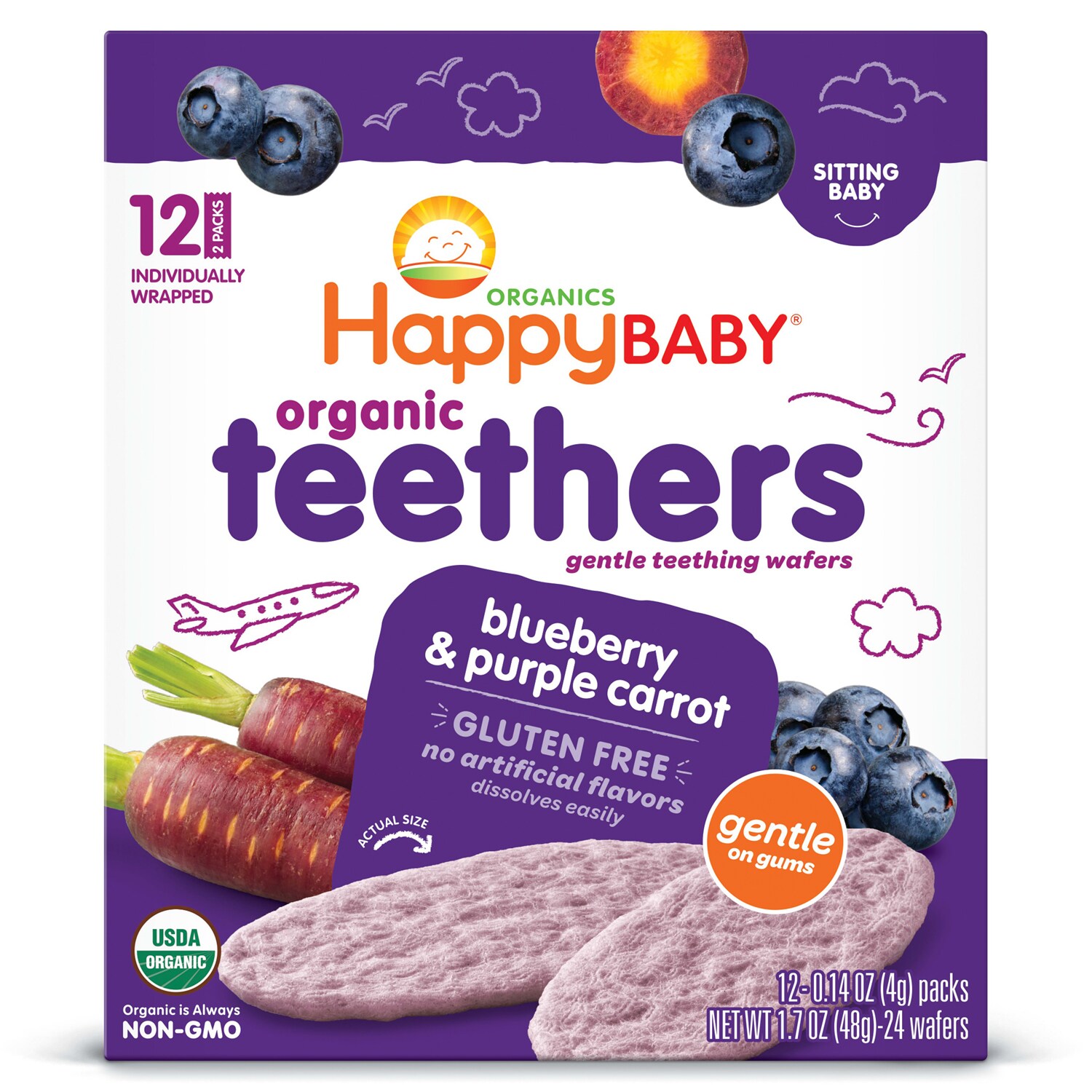 Happy Family Happy Baby Gentle Teethers, Organic Teething Wafers, Blueberry and Purple Carrot