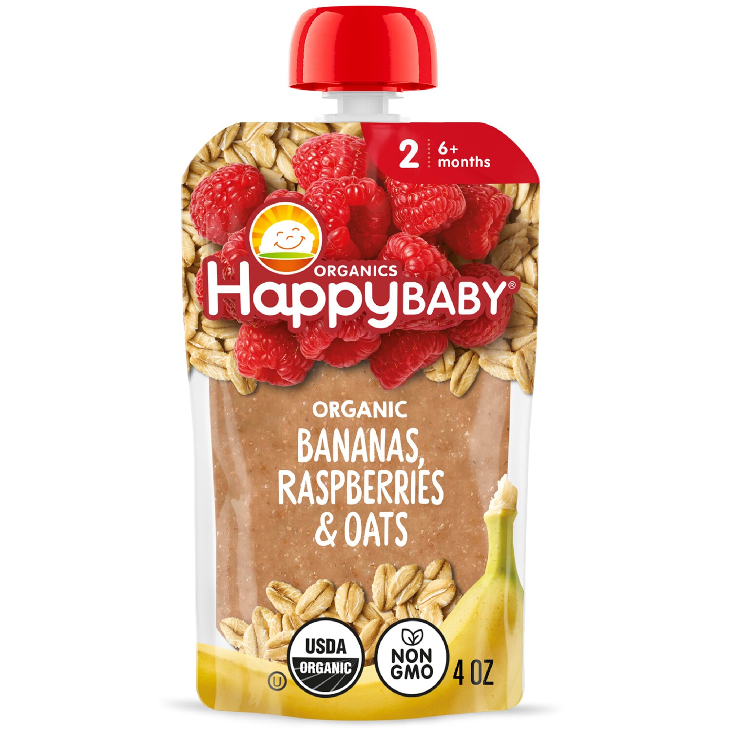 Happy Family Happy Baby Clearly Crafted Stage 2 Organic Baby Food, Bananas, Raspberries, and Oats 