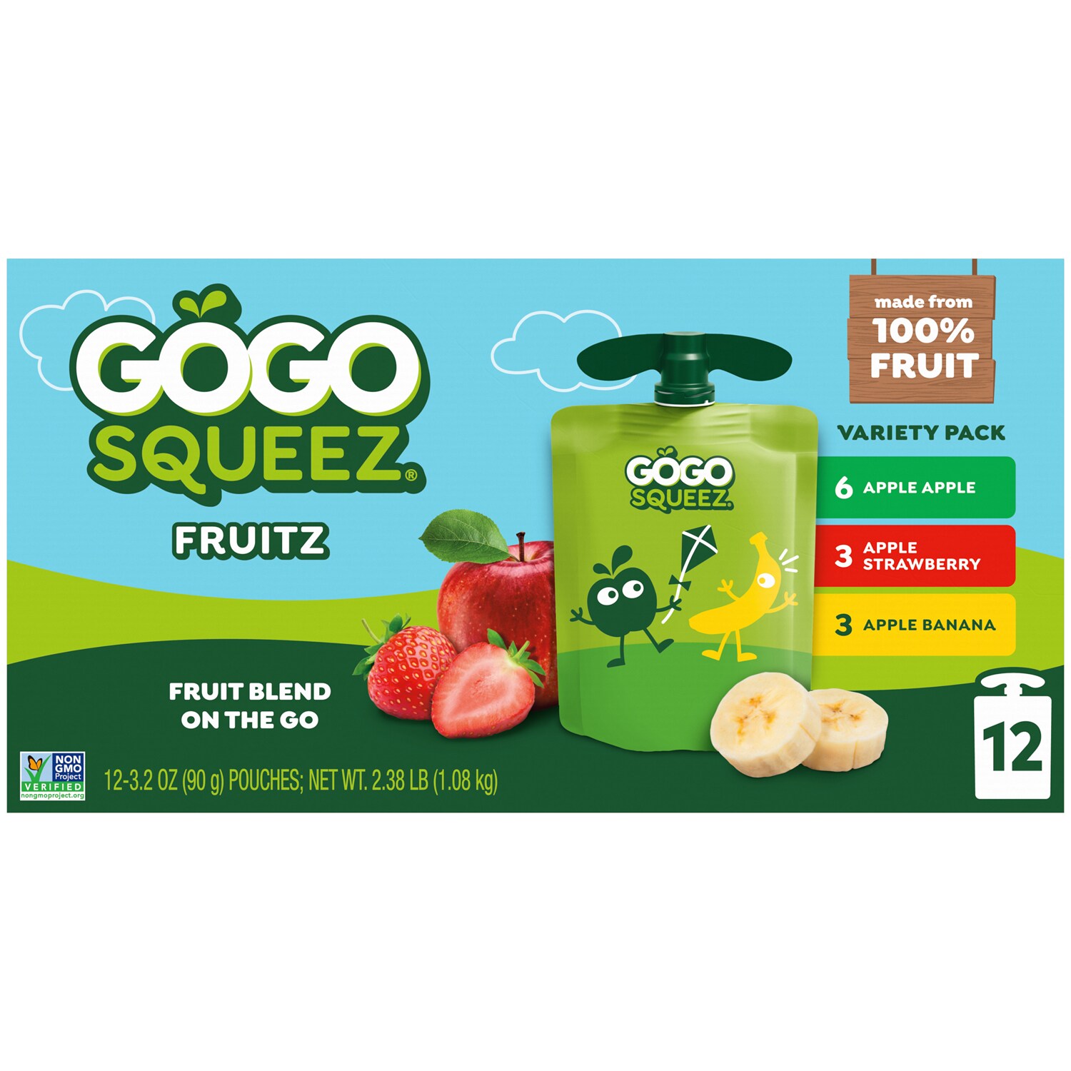 GoGo SqueeZ No Sugar Added Applesauce & Fruit Puree Variety Pack, Apple Apple, Apple Strawberry & Apple Banana