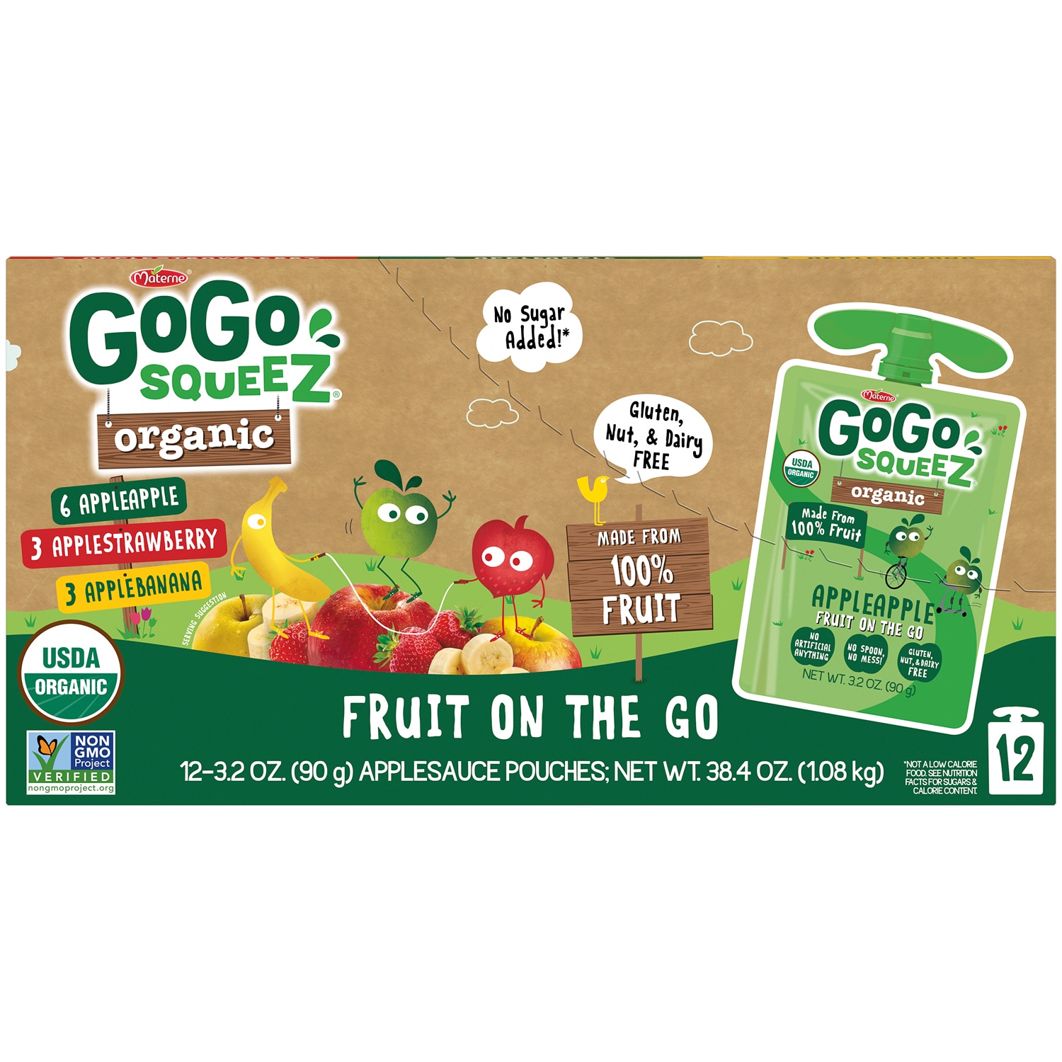 GoGo SqueeZ No Sugar Added Organic Applesauce & Fruit Puree Variety Pack, Apple Apple, Apple Strawberry & Apple Banana