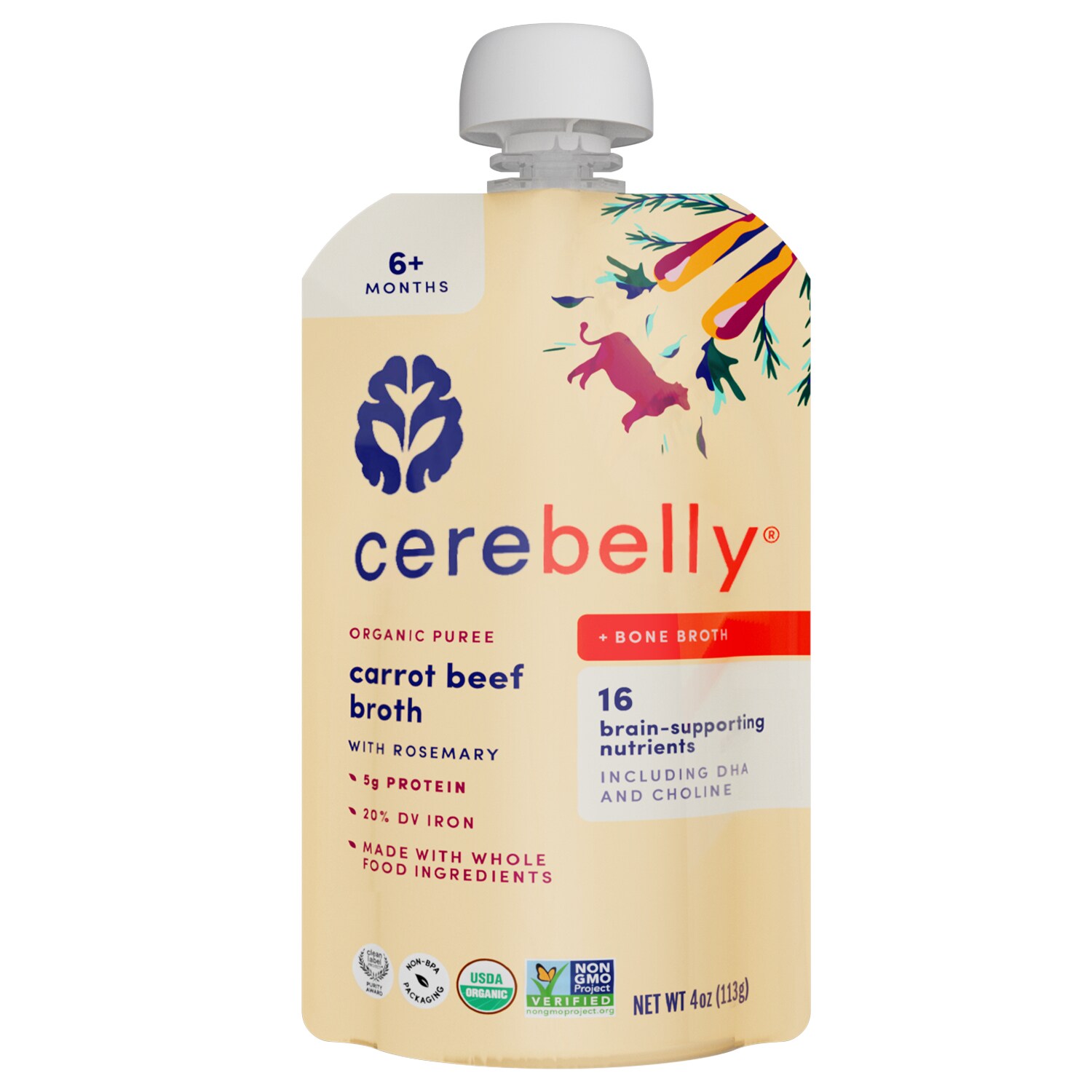 Cerebelly Organic Baby Food Puree, Carrot & Beef Bone Broth with Rosemary