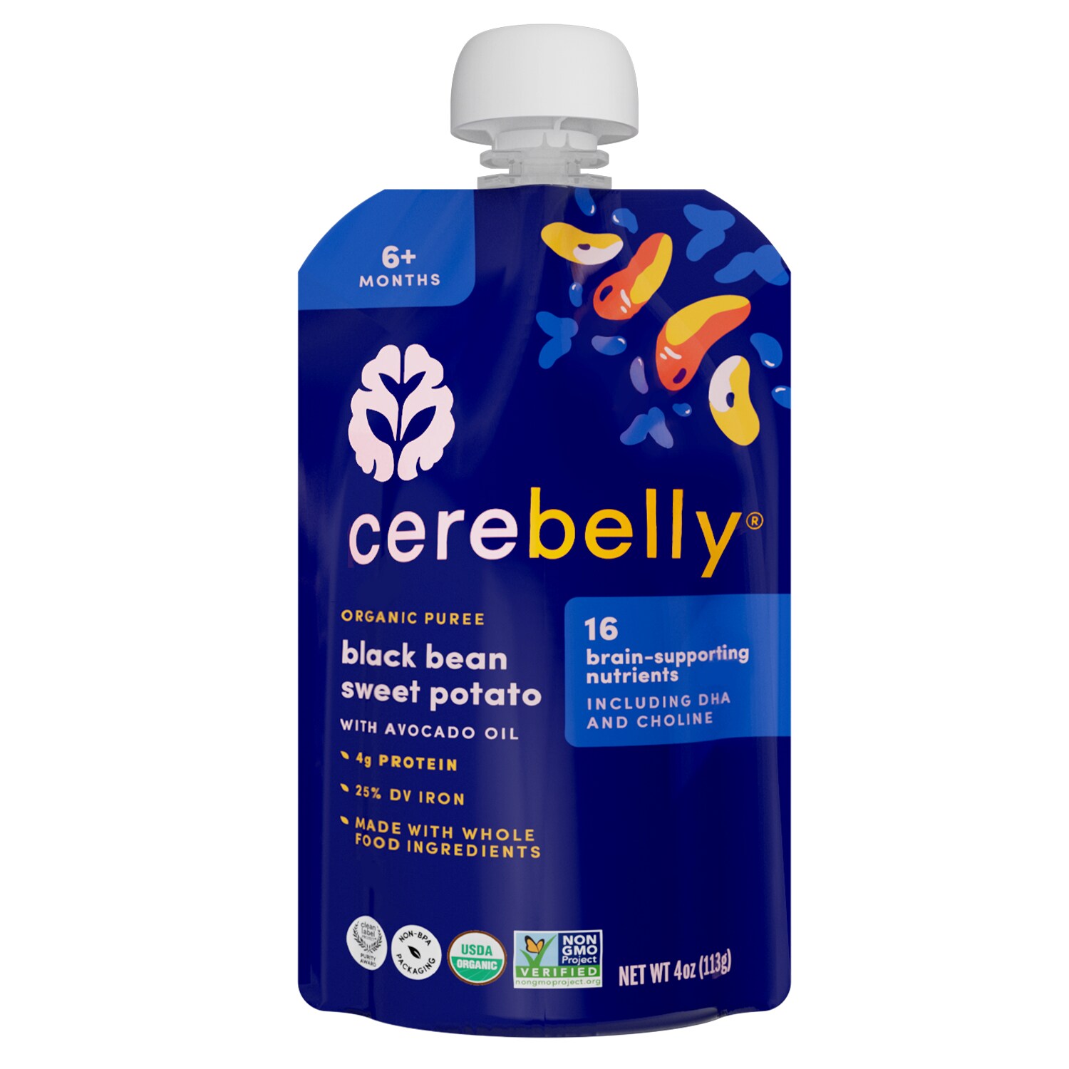 Cerebelly Organic Baby Food Puree, Black Bean & Sweet Potato with Avocado Oil