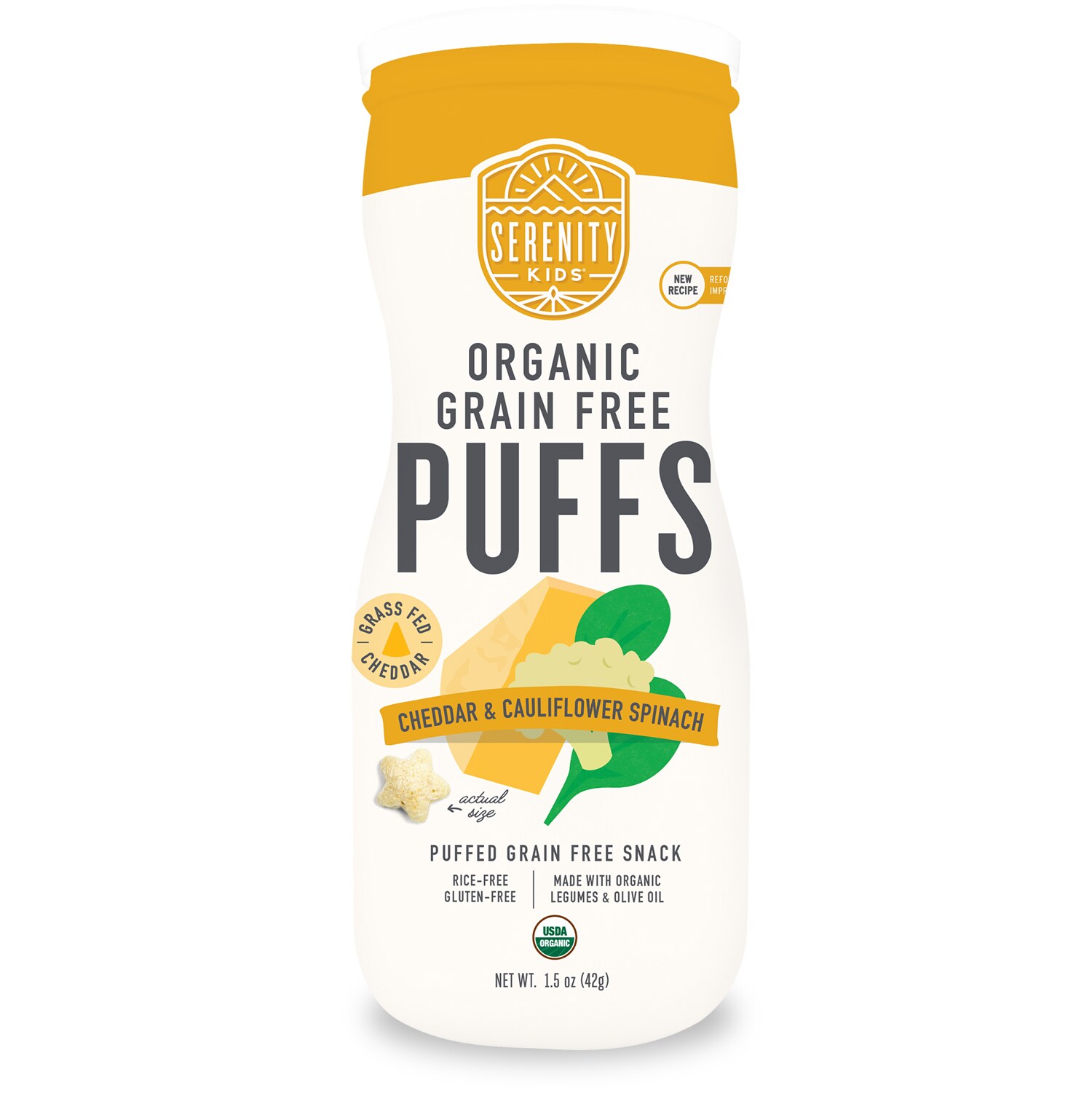 Serenity Kids Baby & Toddler Food Organic Grain Free Puffs, Grass Fed Cheddar and Cauliflower & Spinach