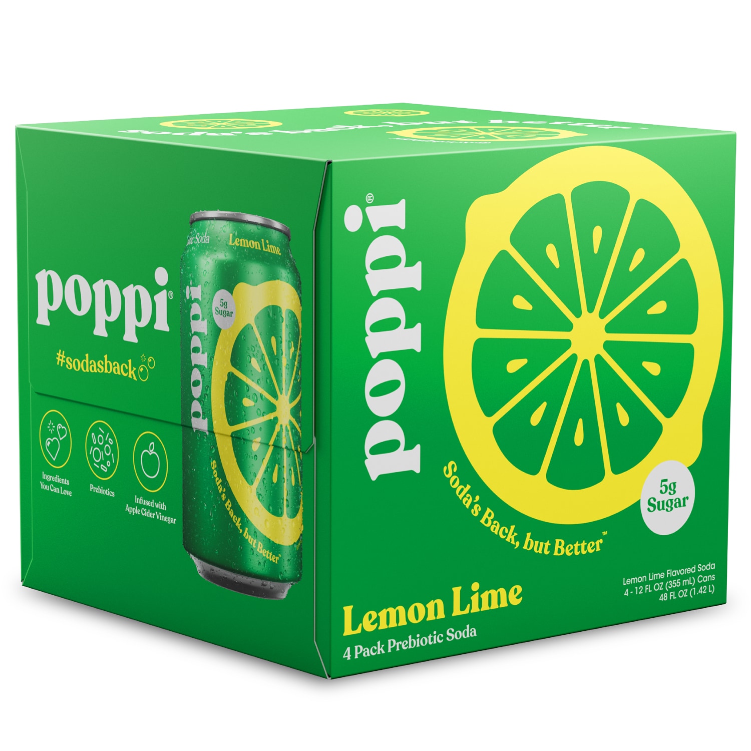 Poppi Prebiotic Soda, Lemon Lime, Cans