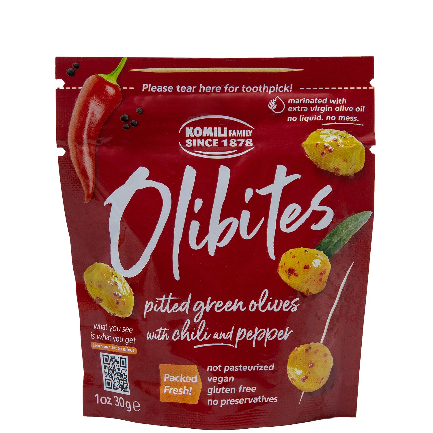Komili Olibites Pitted Green Olives, Chili & Pepper