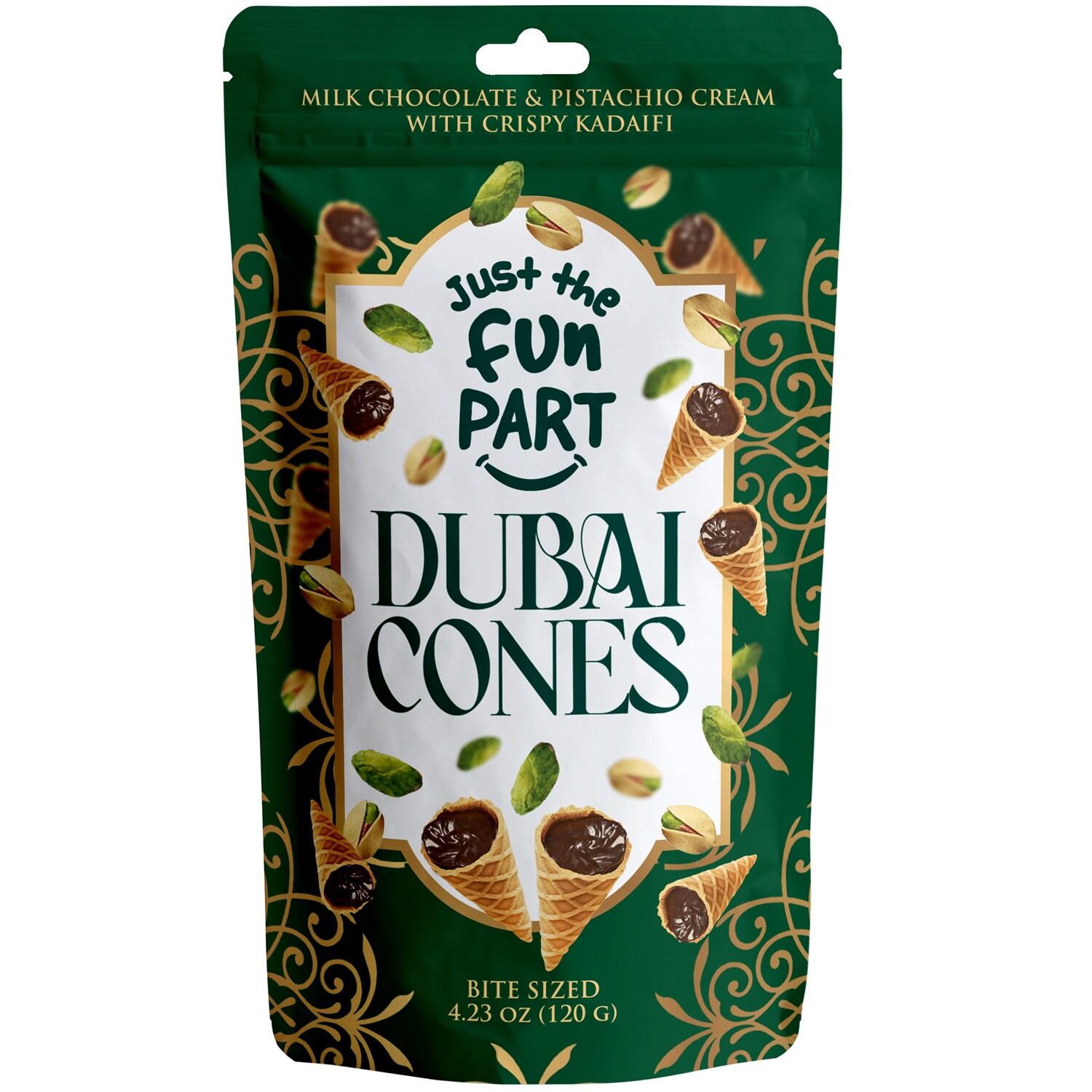 Just The Fun Part Bite-Sized Mini Waffle Dubai Cones, Milk Chocolate & Pistachio Cream with Crispy Kadaifi