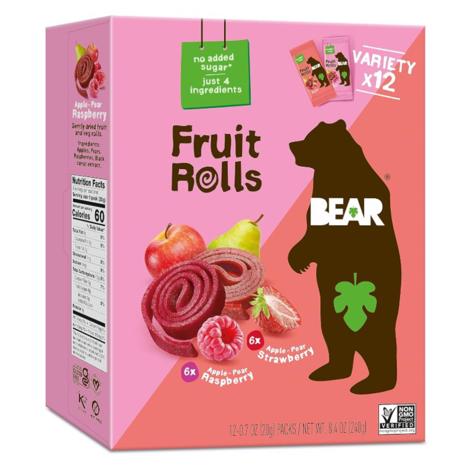 Bear Fruit Rolls Variety Pack, Apple-Pear Strawberry & Apple-Pear Raspberry