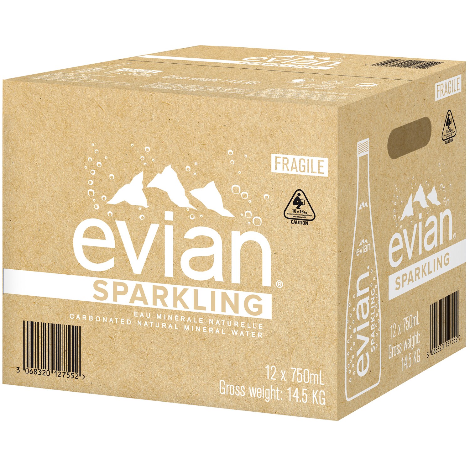 Evian Natural Sparkling Water, Glass Bottles