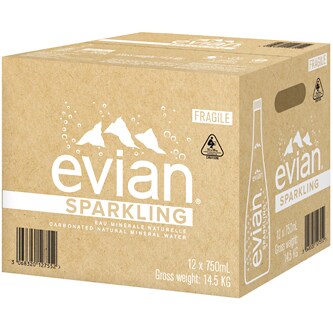Evian Natural Sparkling Water, Glass Bottles