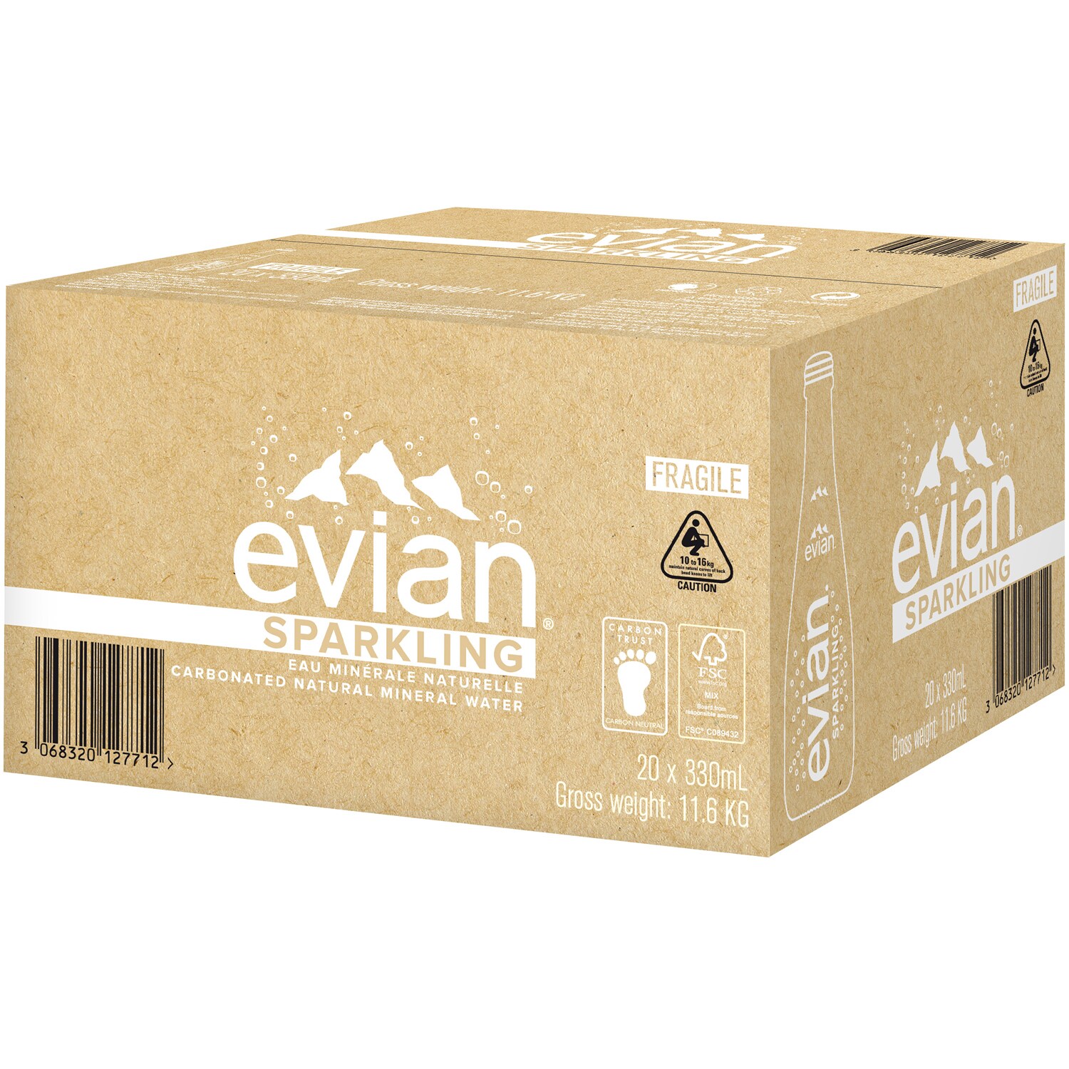 Evian Natural Sparkling Water, Glass Bottles