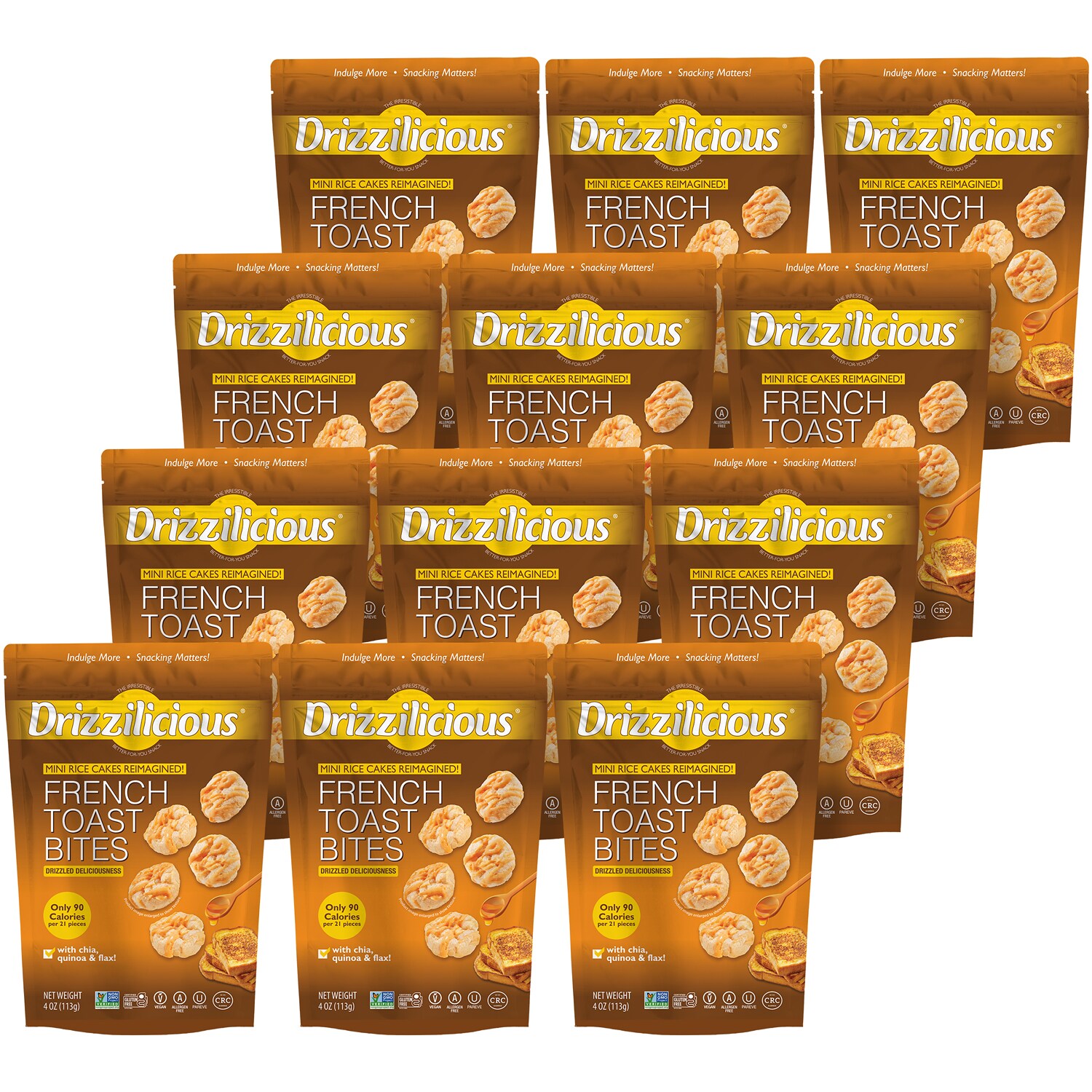 Drizzilicious Mini Rice Cakes Reimagined, French Toast Bites, Case