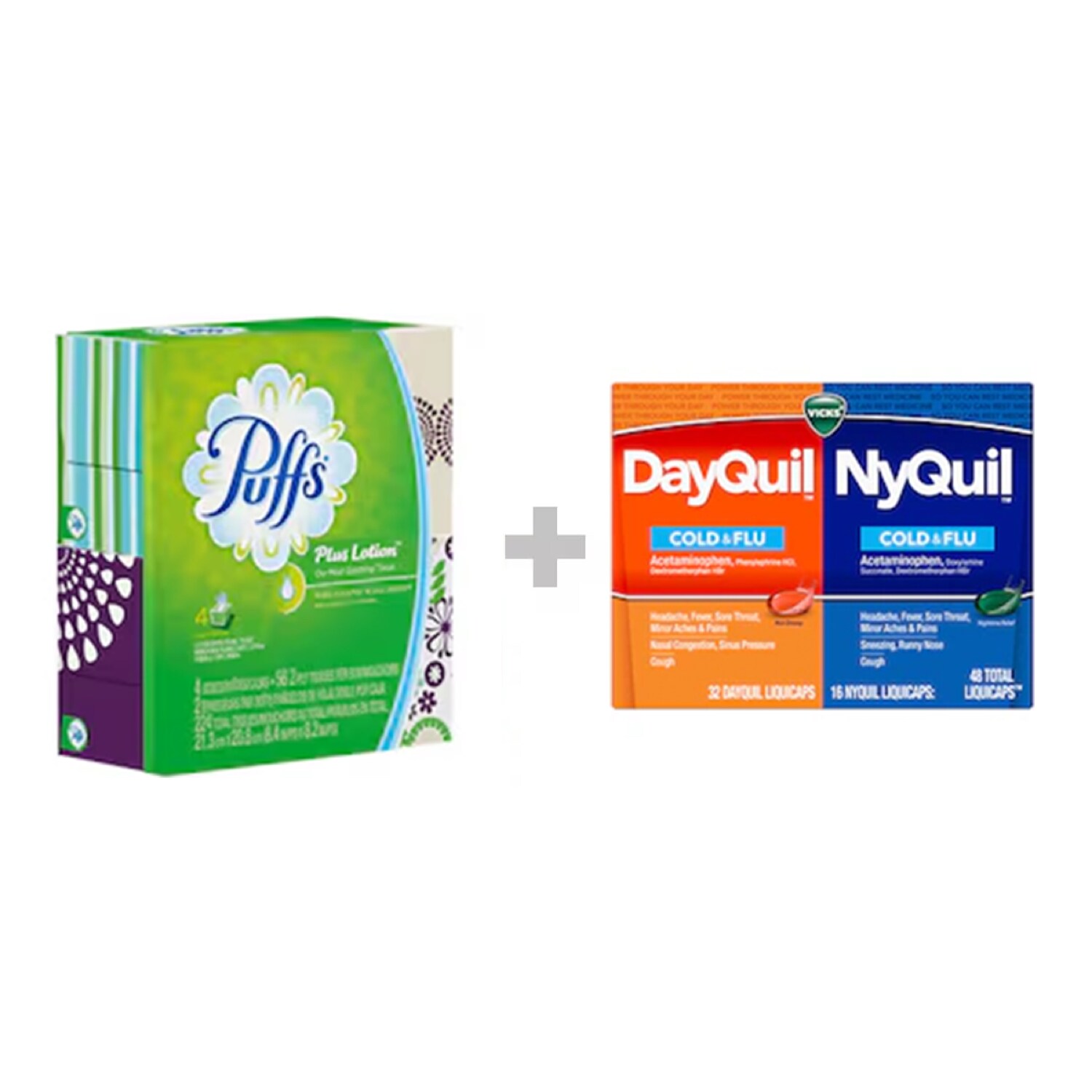Cold and Flu Essentials Bundle Puffs and Vicks Dayquil and Nyquil Combo Pack