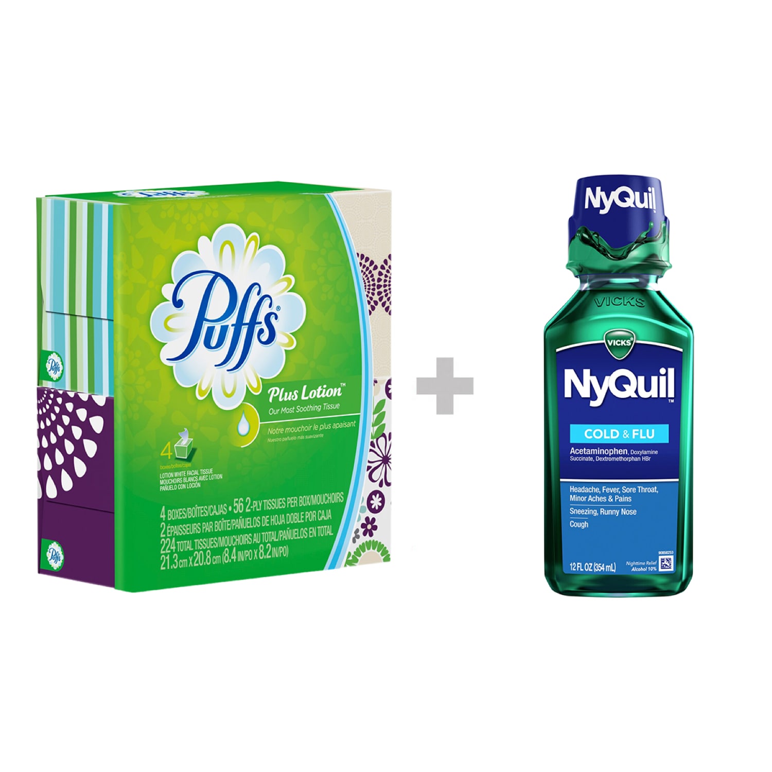 Cold and Flu Essentials Bundle Puffs Facial Tissue Cube Box and Vicks Nyquil or Dayquil