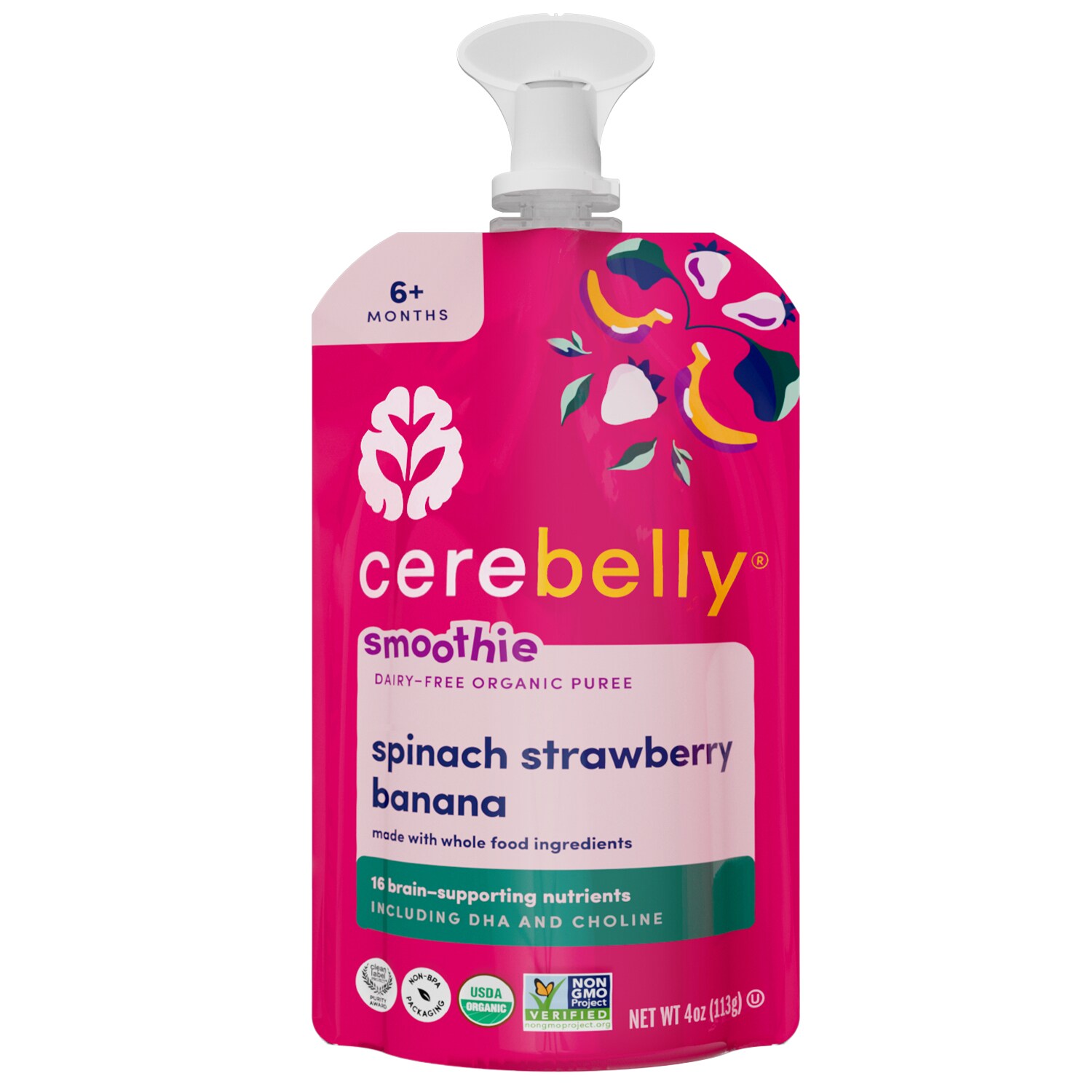 Cerebelly Organic Baby Food Puree Smoothie, Spinach, Strawberry, Banana 