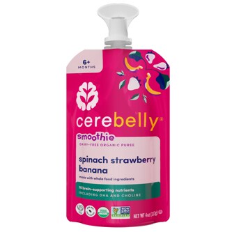Cerebelly Organic Baby Food Puree Smoothie, Spinach, Strawberry, Banana 