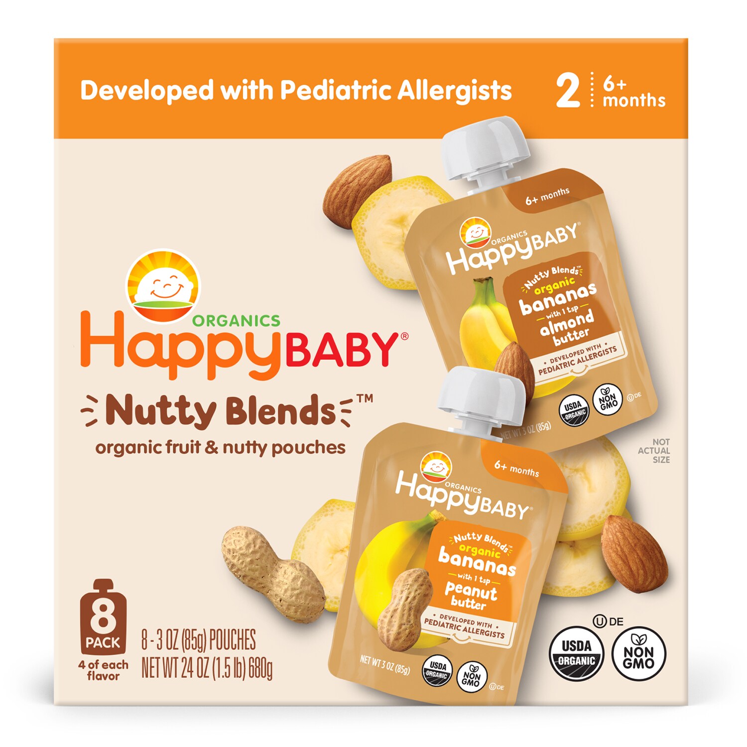 Happy Family Happy Baby Organics Nutty Blends Stage 2, Bananas & Almond Butter and Bananas & Peanut Butter, Variety Pack