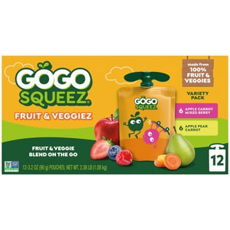 GoGo SqueeZ No Sugar Added Fruit & Veggiez Applesauce & Fruit Puree Variety Pack, Mixed Berry & Pear Carrot