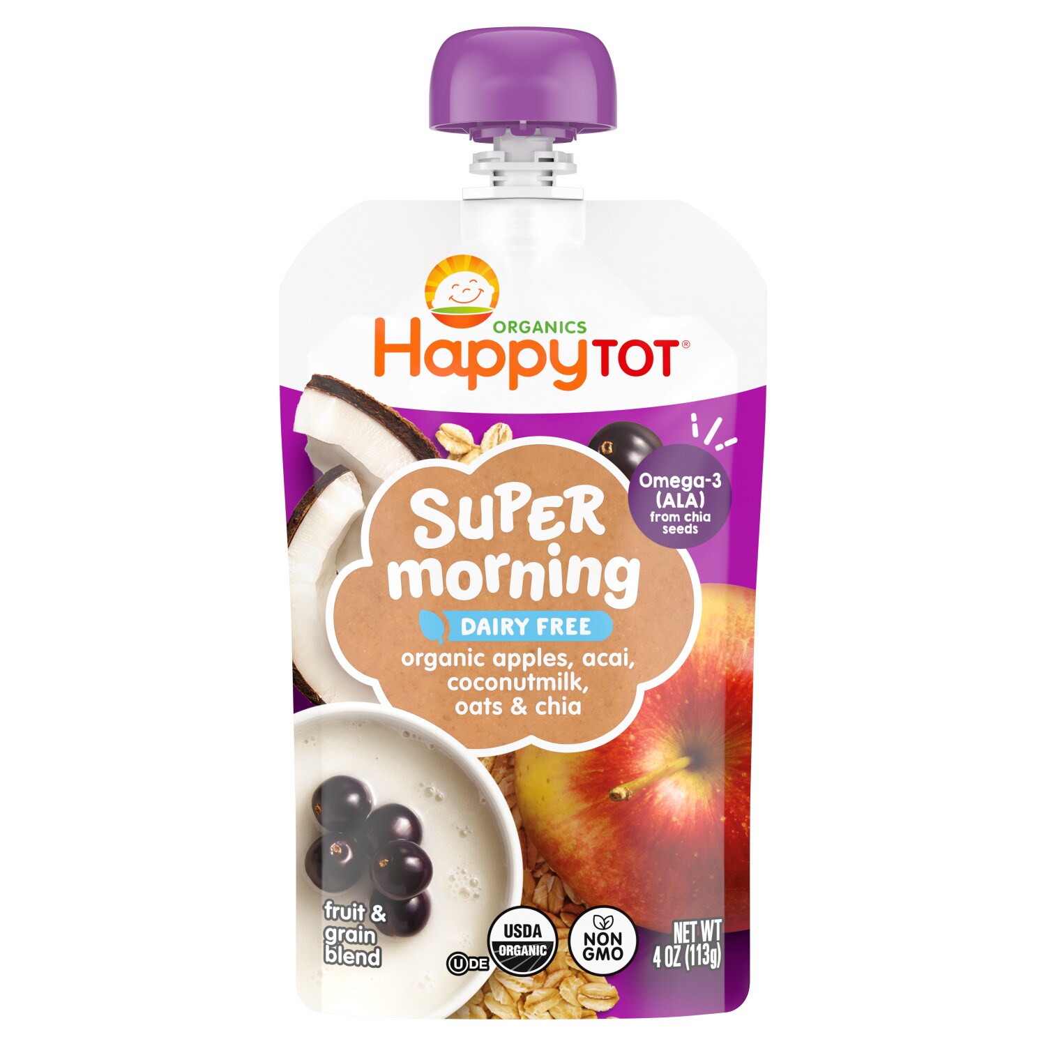 Happy Family Happy Tot Dairy Free Super Morning Blend, Organic Apples, Acai, Coconut Milk, Oats & Chia