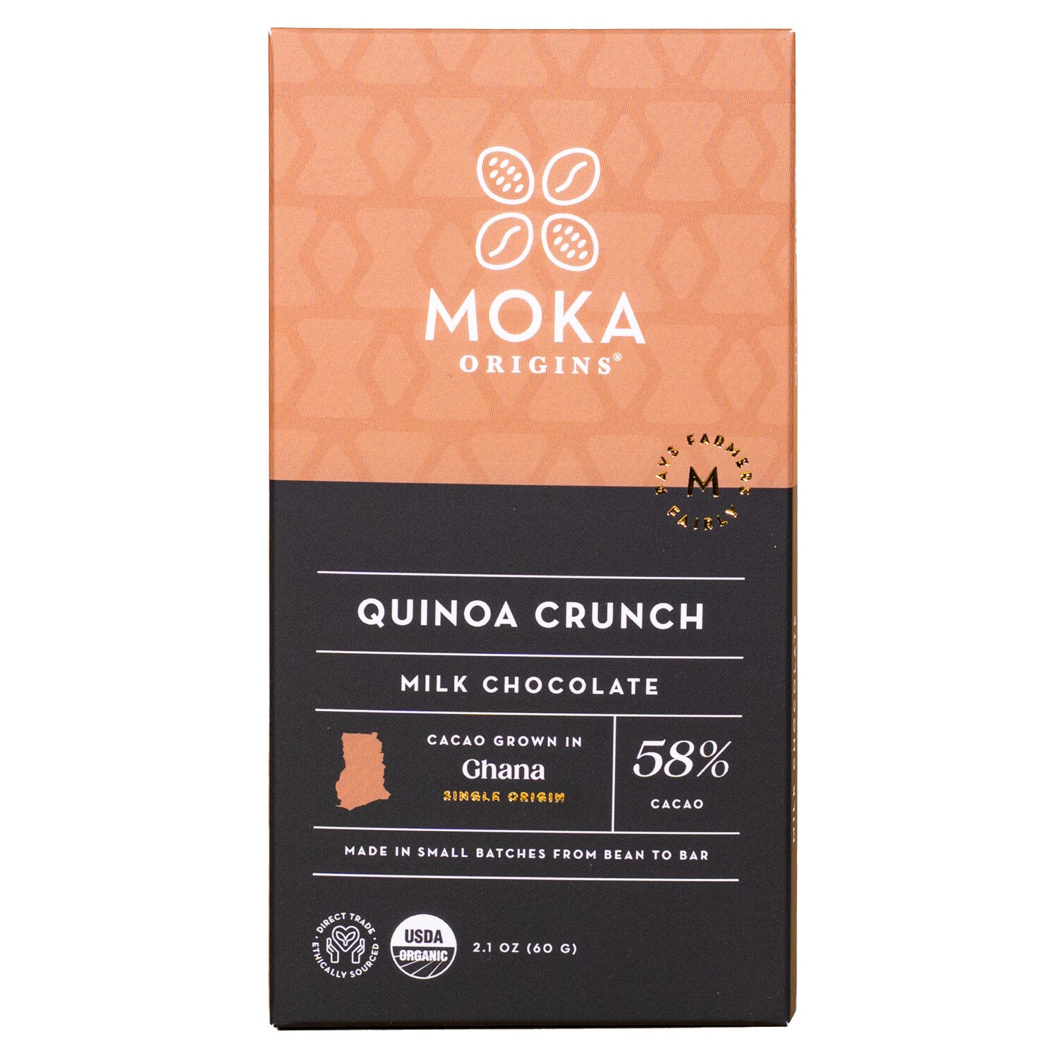 Moka Origins 58% Cacao, Quinoa Crunch, Milk Chocolate