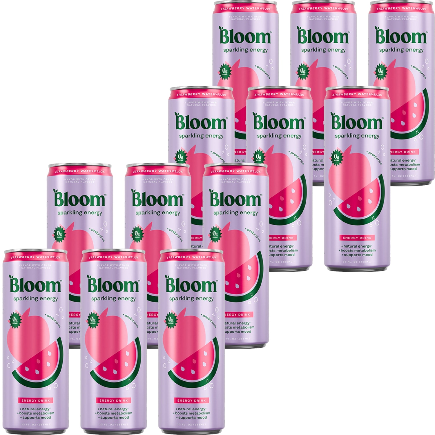 Bloom Sparkling Energy Drink, Strawberry Watermelon, Can, Case