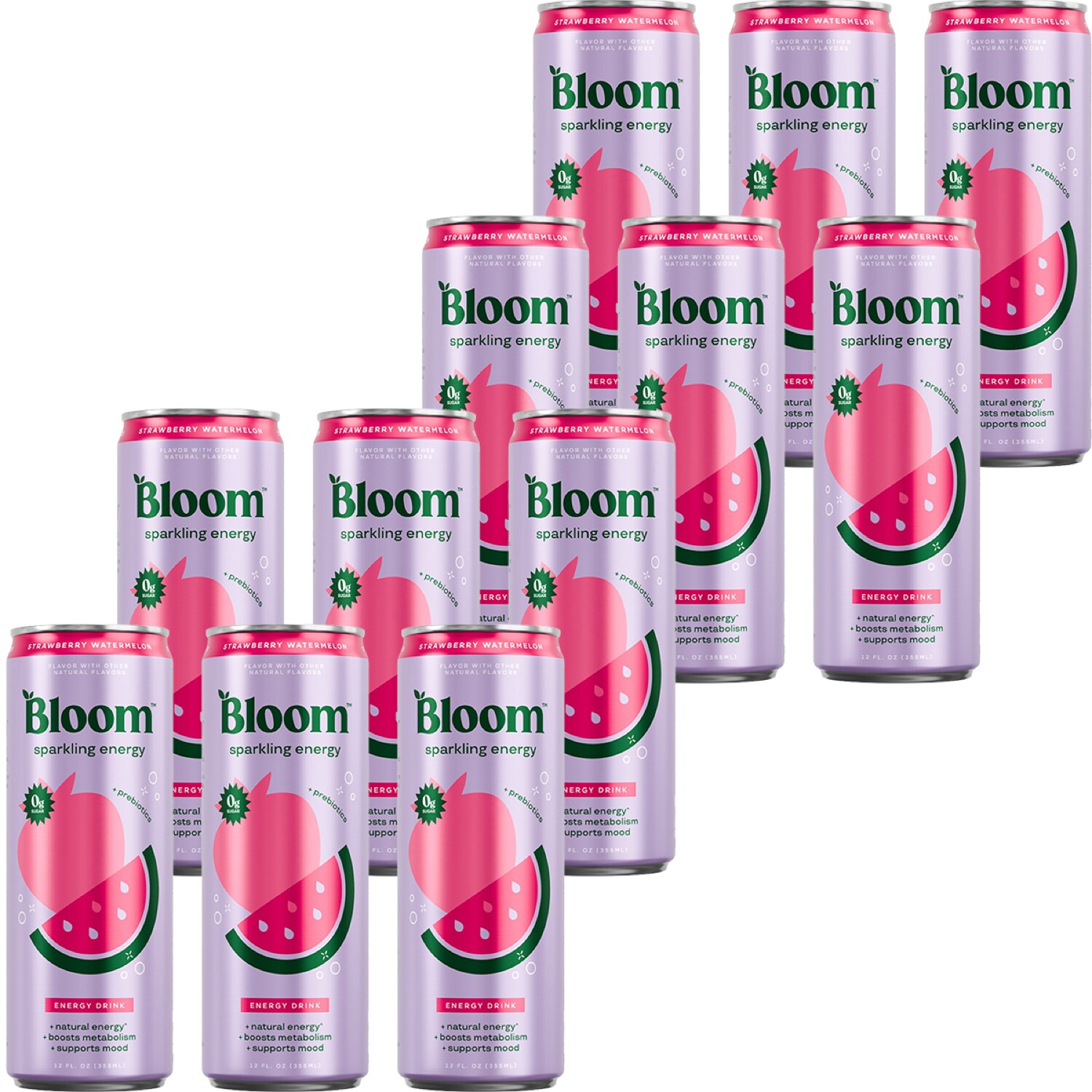 Bloom Sparkling Energy Drink, Strawberry Watermelon, Can, Case