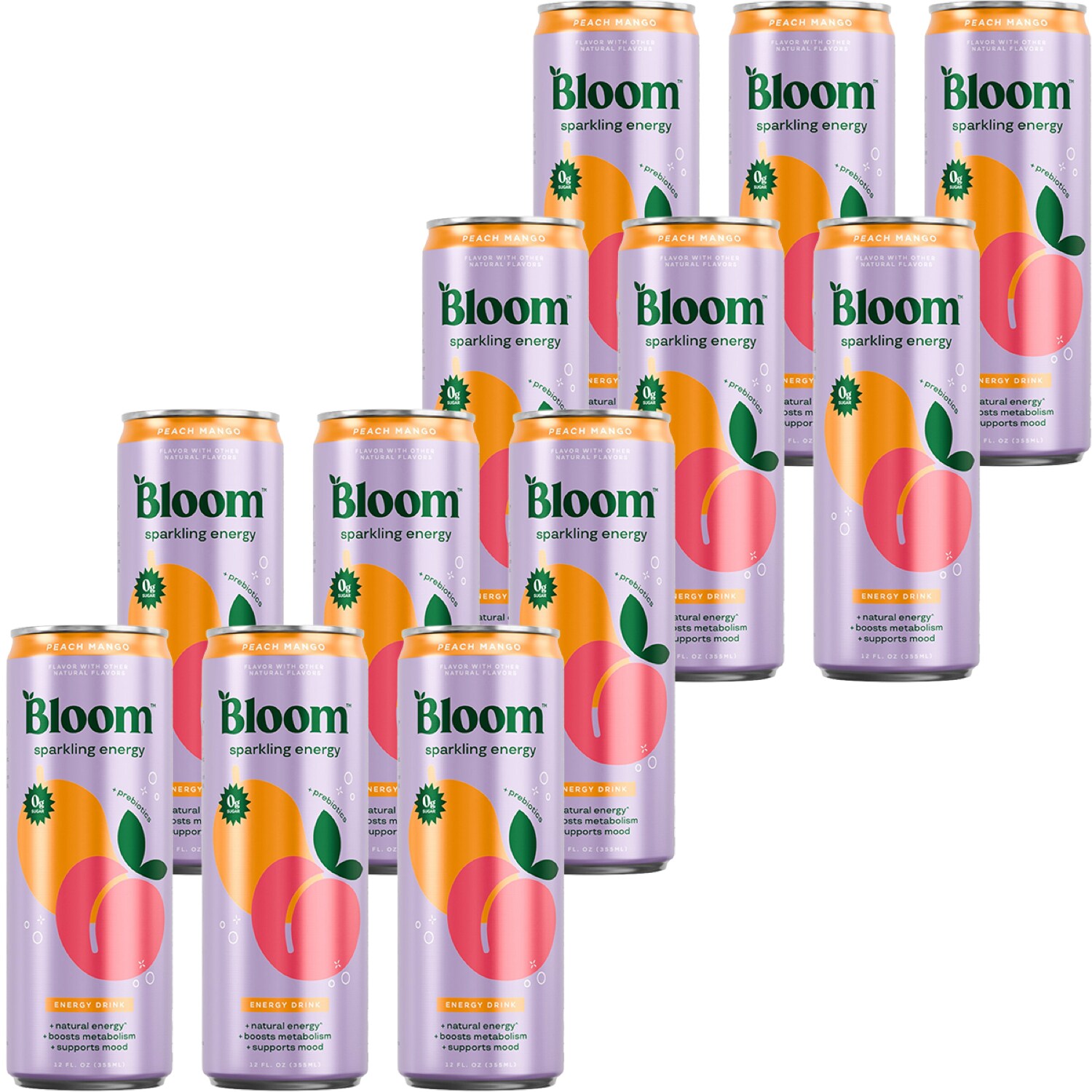Bloom Sparkling Energy Drink, Peach Mango, Can, Case