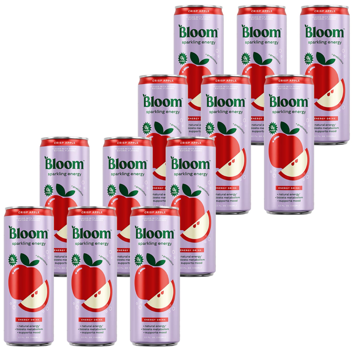 Bloom Sparkling Energy Drink, Crisp Apple, Can, Case