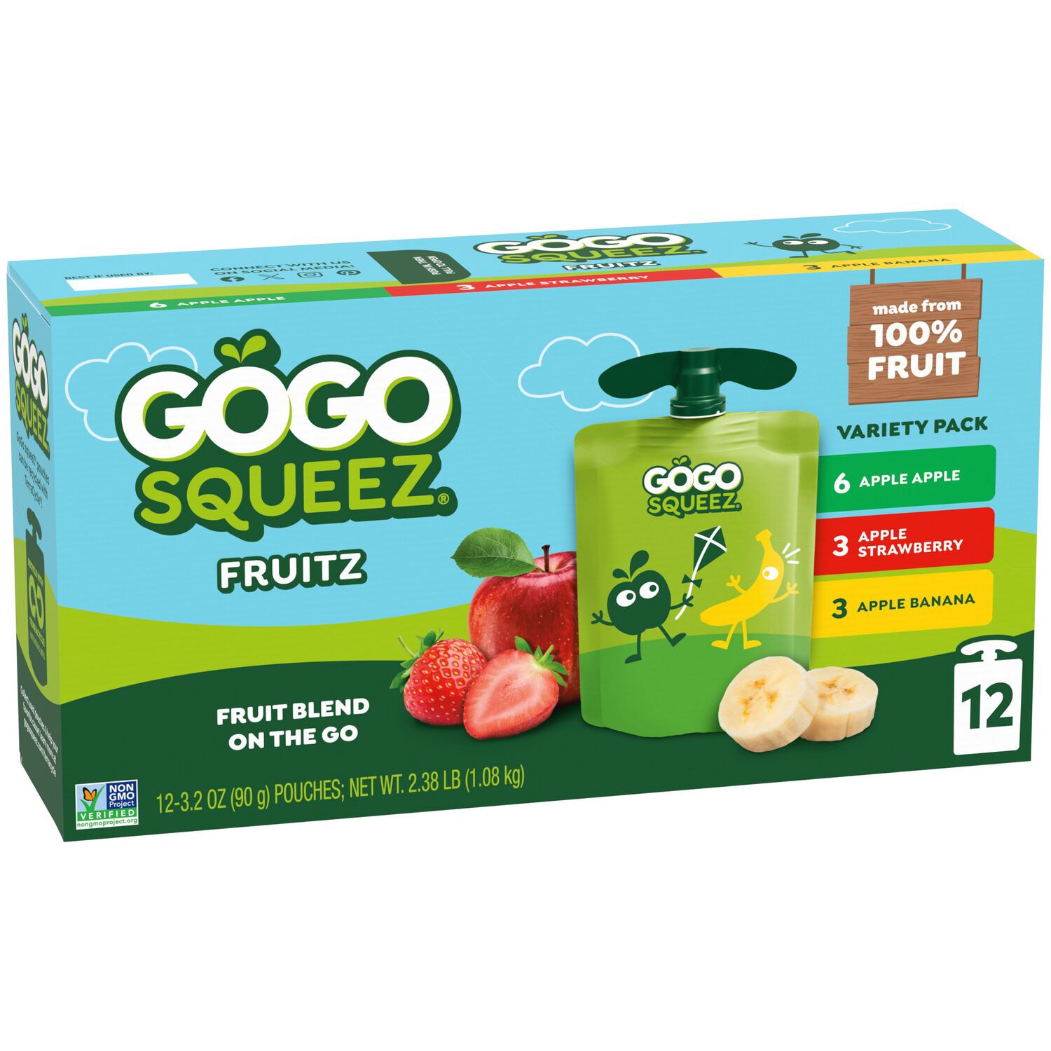 GoGo SqueeZ No Sugar Added Applesauce & Fruit Puree Variety Pack, Apple Apple, Apple Strawberry & Apple Banana