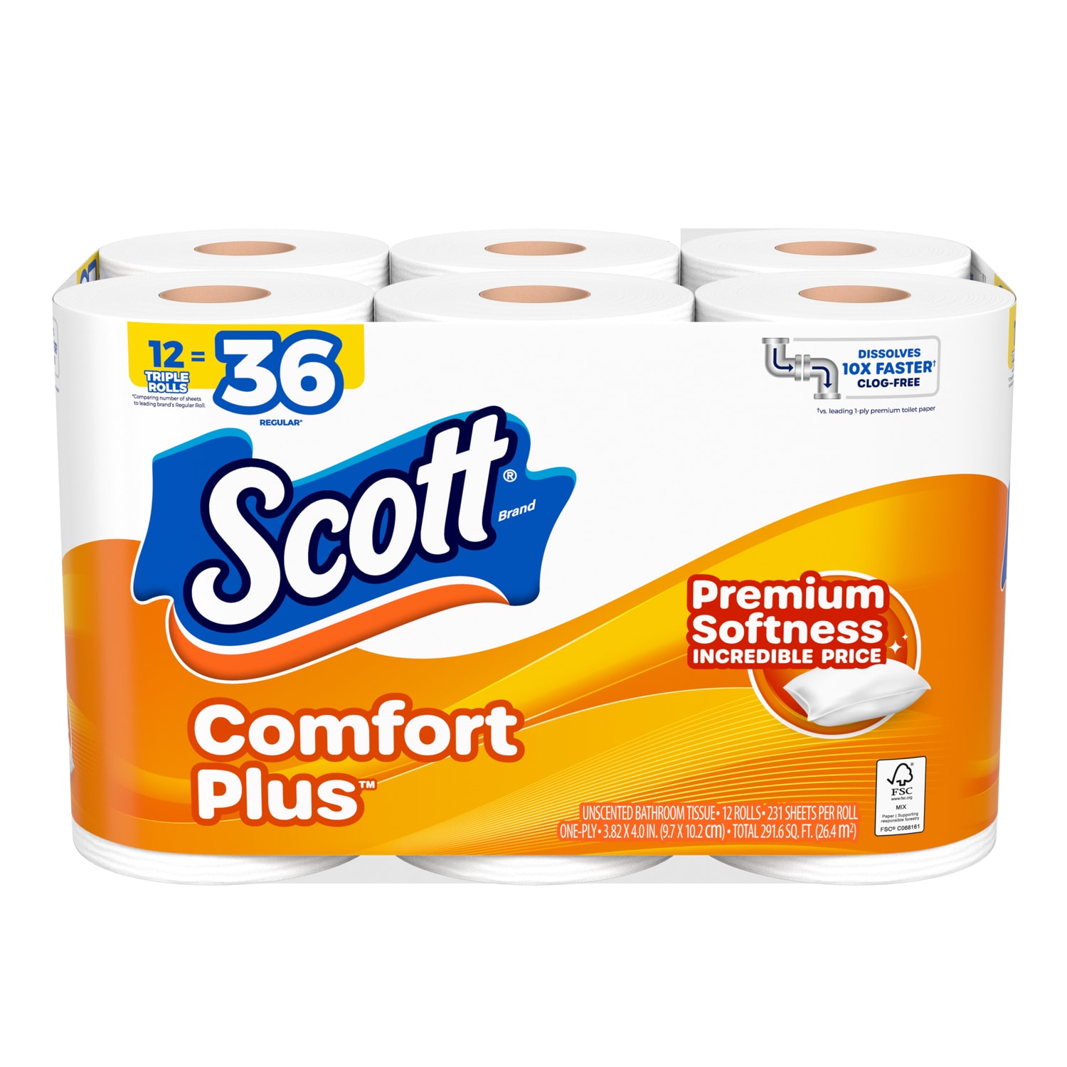 Scott Comfort Plus 1-Ply Bathroom Tissue, Triple Rolls