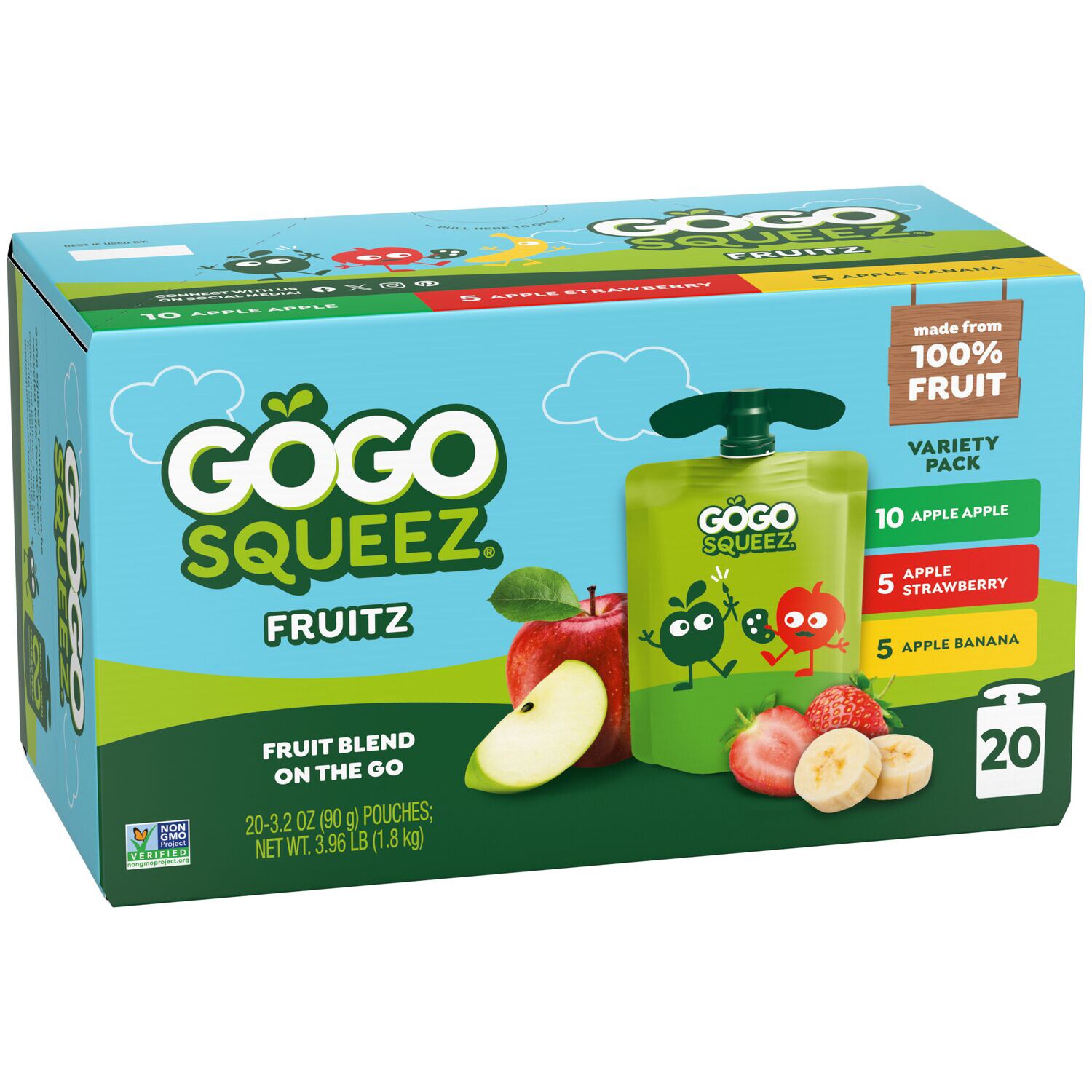 GoGo SqueeZ No Sugar Added Applesauce & Fruit Puree Variety Pack, Apple Apple, Apple Strawberry & Apple Banana