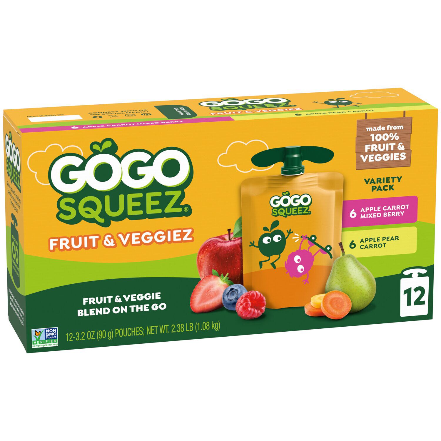GoGo SqueeZ No Sugar Added Fruit & Veggiez Applesauce & Fruit Puree Variety Pack, Mixed Berry & Pear Carrot