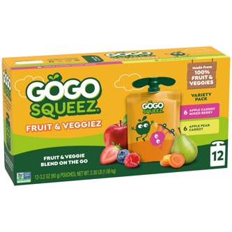 GoGo SqueeZ No Sugar Added Fruit & Veggiez Applesauce & Fruit Puree Variety Pack, Mixed Berry & Pear Carrot