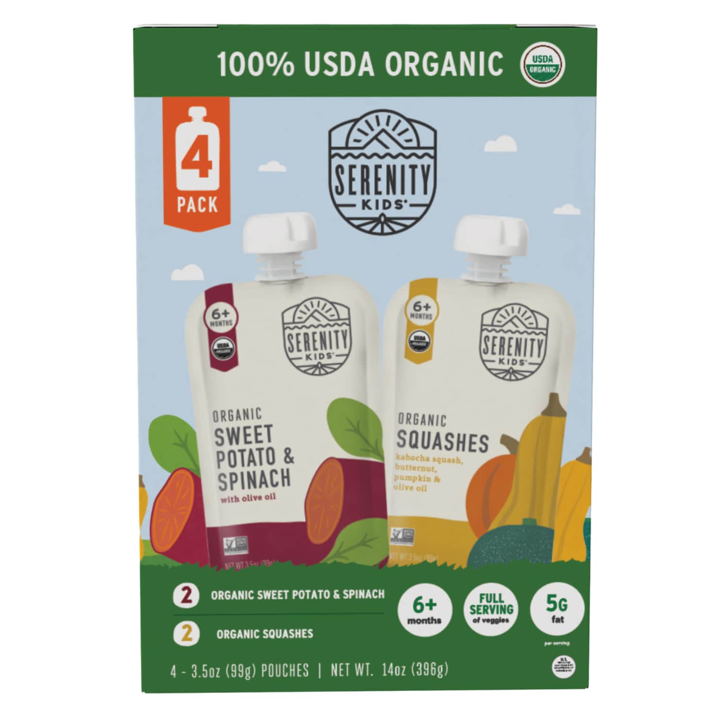 Serenity Kids Baby Food Organic Sweet Potato & Spinach + Organic Squashes, Variety Pack