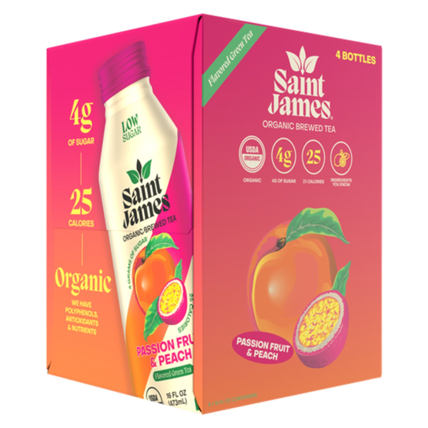 Saint James Organic Tea, Passion Fruit & Peach, Cans