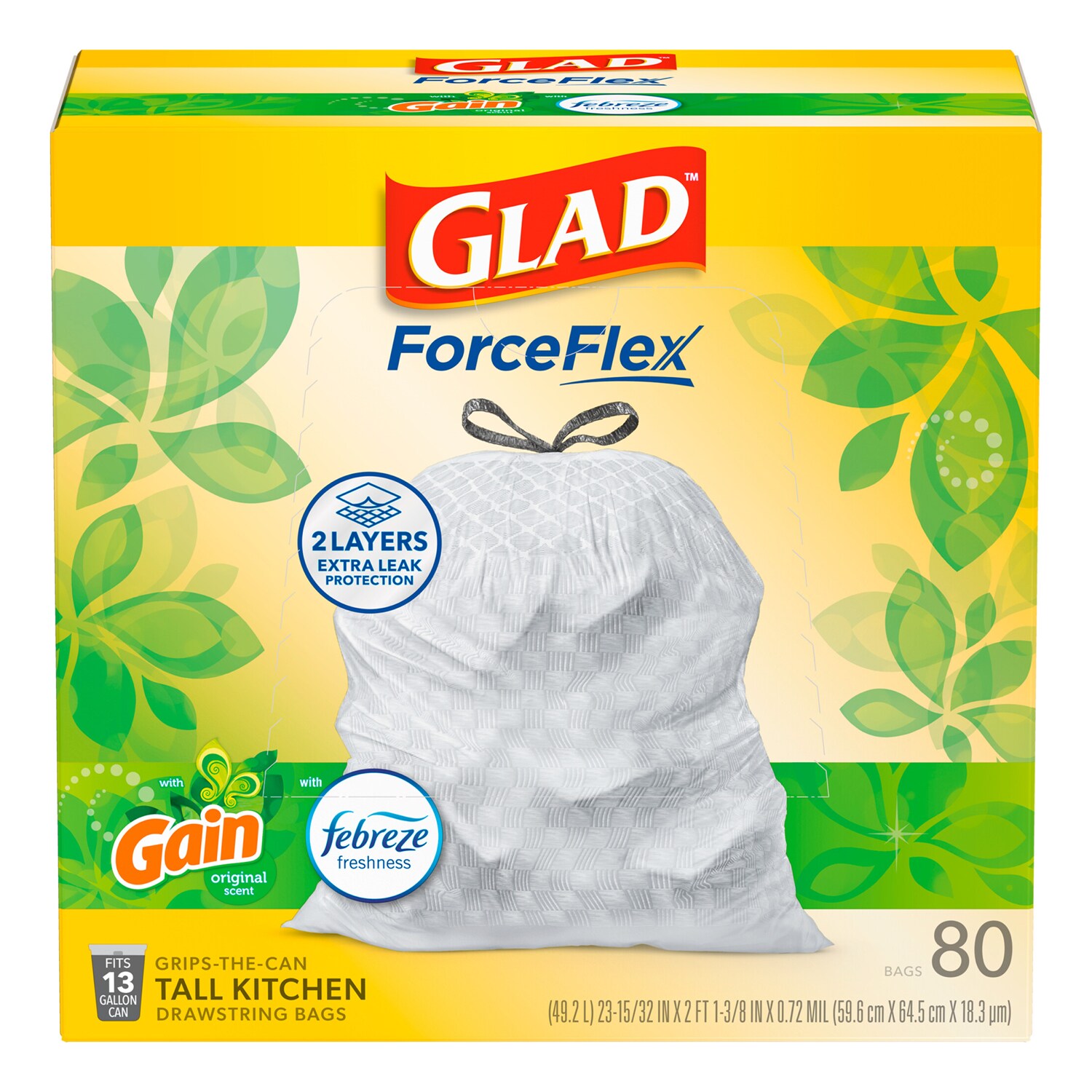 Glad Forceflex Tall Kitchen Drawstring Trash Bags, Gain Original with Febreze Freshness, 13 Gallon