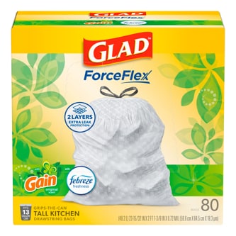 Glad Forceflex Tall Kitchen Drawstring Trash Bags, Gain Original with Febreze Freshness, 13 Gallon