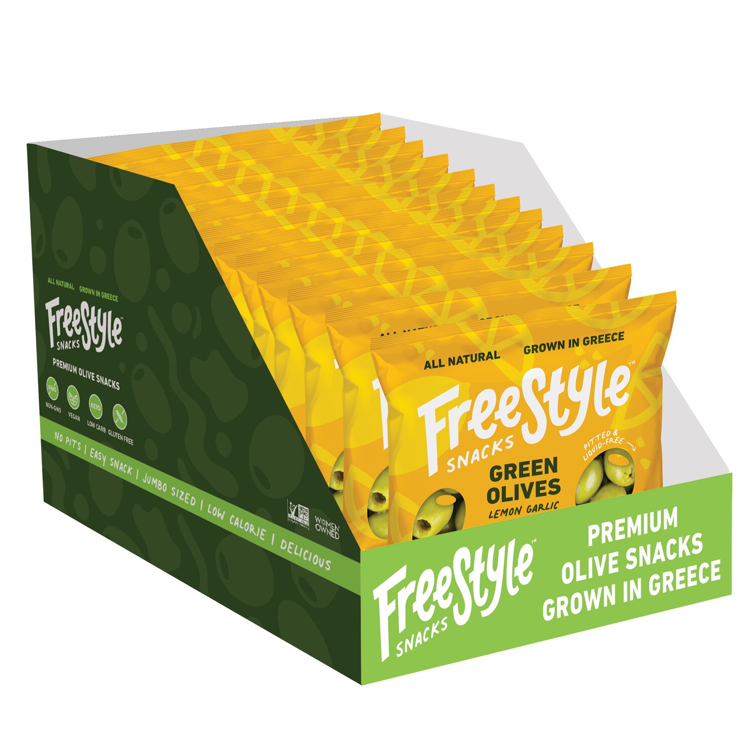 Freestyle Snacks Green Olives, Lemon Garlic, Case