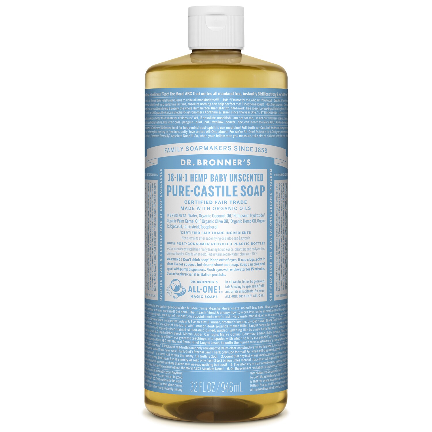 Dr. Bronner's Magic Soaps, 18-In-1 Hemp Unscented Baby-Mild Pure-Castile Liquid Soap