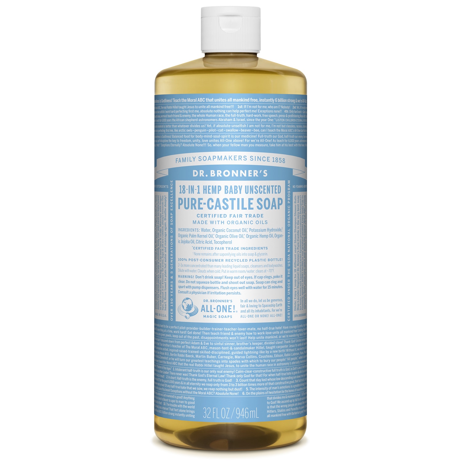Dr. Bronner's Magic Soaps, 18-In-1 Hemp Unscented Baby-Mild Pure-Castile Liquid Soap
