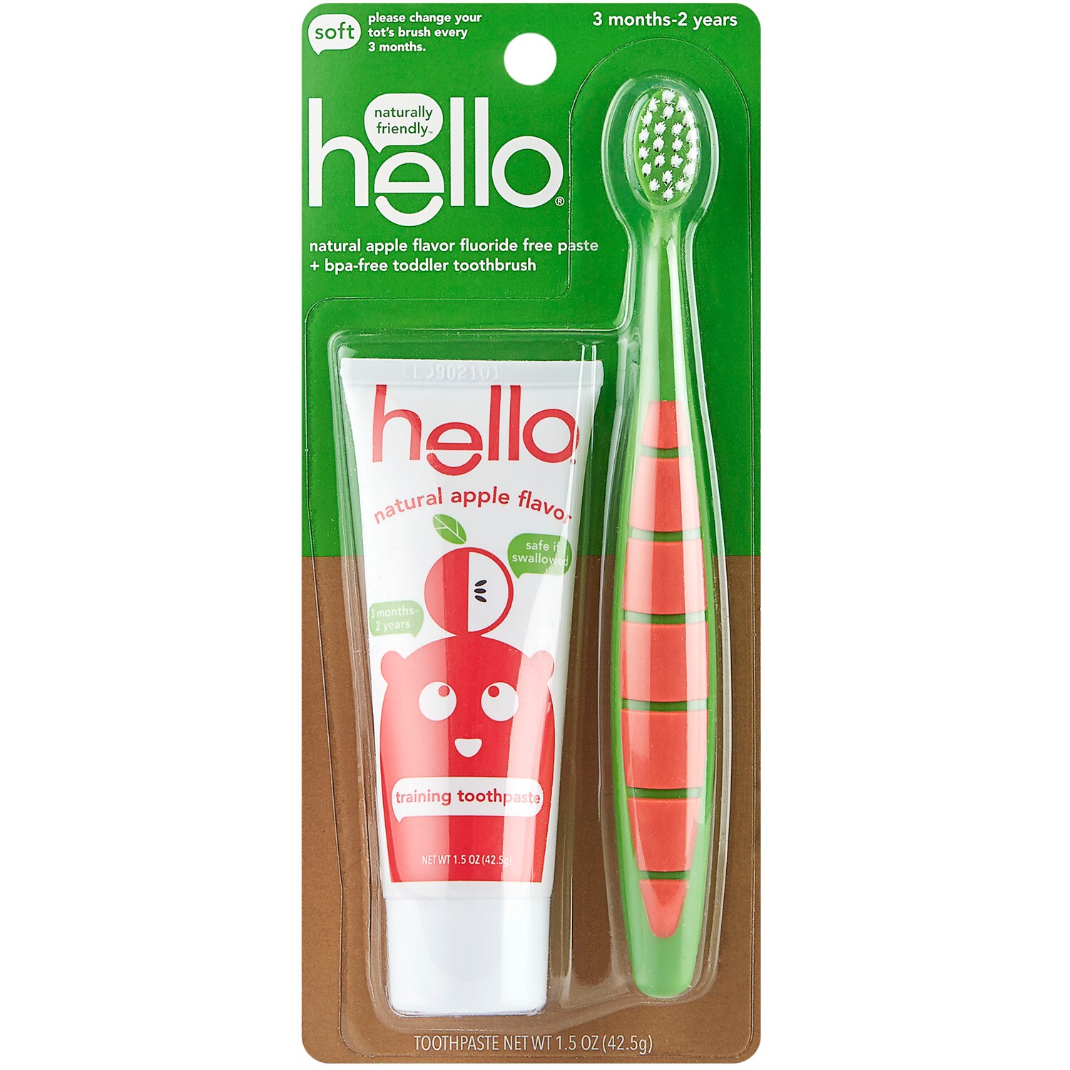 Hello Toddler Fluoride Free Training Toothpaste + Soft Toothbrush Bundle, Natural Apple Flavor