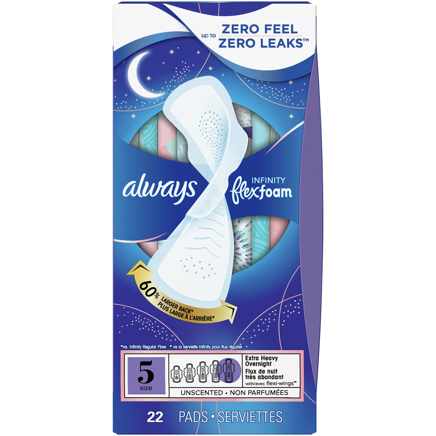 Always Infinity FlexFoam Pads, Size 5 Extra Heavy Overnight with Wings