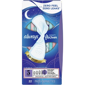 Always Infinity FlexFoam Pads, Size 5 Extra Heavy Overnight with Wings