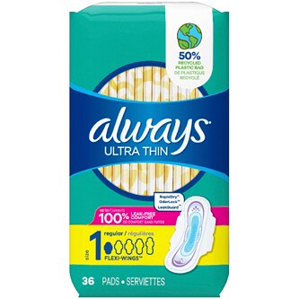 Always Ultra Thin Pads, Size 1 Regular With Wings
